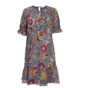 Madewell Ruffle Sleeve Popover Dress - Dark Baltic Block Print